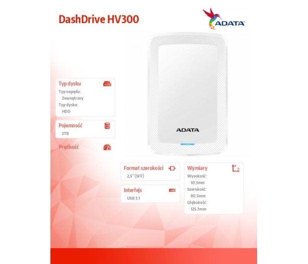 ADATA HV300 2TB USB 3.2 Gen. 1 Biały - 1141724 - zdjęcie 4